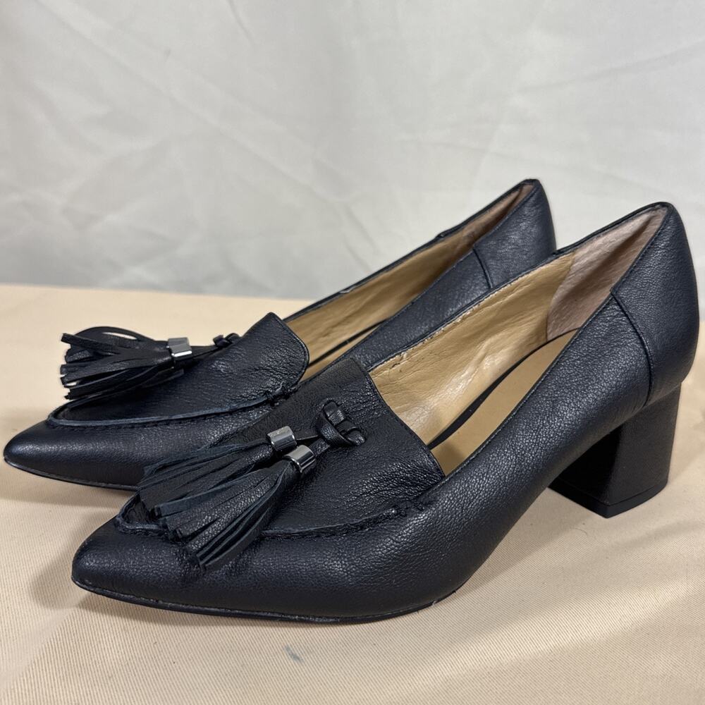 Franco Sarto Womens 7 Black Leather Tassel Loafer Pumps Block Heel Academia